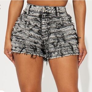 Fashion Nova Black and Gray Jean Shorts with Distressed Design